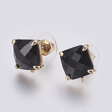 Honeyhandy Faceted Glass Stud Earring Findings, with Loop, Light Gold Plated Brass Findings, Square, Black, 11x10x5mm, Hole: 1mm, Pin: 0.8mm