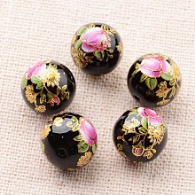 Honeyhandy Flower Picture Printed Glass Round Beads, Black, 12mm, Hole: 1mm