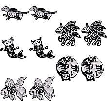 SUNNYCLUE 1 Box 10Pcs 5 Styles Skeleton Brooch Pin Black Theme Cartoon Animal Cat Unicorn Dog Skull Brooches Punk Style for Backpacks Badges Hats Bags Shirt Women Halloween Decorations