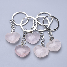 Honeyhandy Natural Rose Quartz Keychain, with Iron Findings, Heart, 80mm