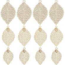 BENECREAT 24Pcs 18K Gold Plated Leaf Brass Pendants, 3 Style Hollow Filigree Leaves Charm for DIY Jewelry Making Necklace Bracelet