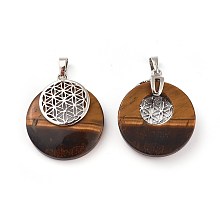 Honeyhandy Natural Tiger Eye Pendants, Spiritual Charms, with Platinum Tone Brass Findings, Flat Round with Flower of Life/Sacred Geometry, 32~32.5x28x7~7.5mm, Hole: 5x8mm