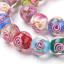 NBEADS Handmade Gold Sand Lampwork Beads Strands, Round, Vortex Pattern, Colorful, 12mm, Hole: 2mm; 30pcs/strand, 13.18"