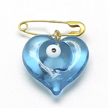 Honeyhandy Handmade Lampwork Brooches, Heart with Evil Eye, Golden, Light Sky Blue, 19x18mm