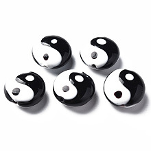 Honeyhandy Handmade Lampwork Beads, Flat Round with Tai Ji, Black, 16x8~9mm, Hole: 1.5mm