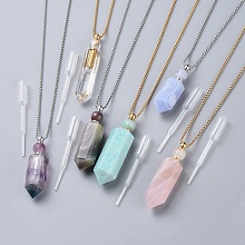 Honeyhandy Natural Gemstone Perfume Bottle Pendant Necklaces, with Stainless Steel Box Chain and Plastic Dropper, Hexagonal Prism, Mixed Color, 27.4 inch~27.5 inch(69.5~69.9cm), Bottle Capacity: 0.15~0.3ml(0.005~0.01 fl. oz)