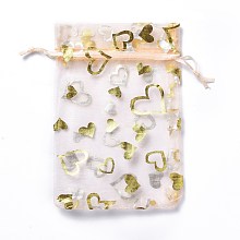 Organza Drawstring Jewelry Pouches, Wedding Party Gift Bags, Rectangle with Gold Stamping Heart Pattern, PeachPuff, 15x10x0.11cm