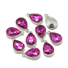 Honeyhandy Alloy Glass Charms, Faceted, teardrop, Platinum, Camellia, 14.5x9x5mm, Hole: 1.5mm