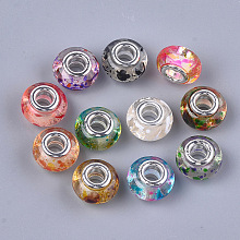 Arricraft Resin European Beads, Large Hole Beads, with Silver Color Plated Brass Cores, Rubberized Style, Rondelle, Mixed Color, 14x8mm, Hole: 5mm