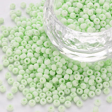 Honeyhandy 8/0 Opaque Glass Seed Beads, Round Hole, Frosted Colours, Round, Light Green, 3~4x2~3mm, Hole: 0.8mm, about 15000pcs/Pound