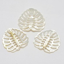 Honeyhandy Natural Mother of Pearl Shell Pendants, Tropical Leaf Charms, Monstera Leaf, White, 28~31x28~30x2~3.5mm, Hole: 1.5~2mm