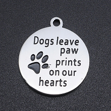 Honeyhandy 201 Stainless Steel Etched Pendants, Quote Charms, Flat Round, Paw Print, Stainless Steel Color, 22x19x1.5mm, Hole: 1.8mm