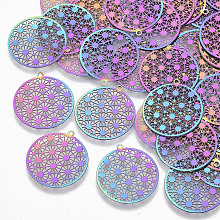 Honeyhandy Ion Plating(IP) 201 Stainless Steel Filigree Pendants, Etched Metal Embellishments, Flat Round, Rainbow Color, 21.5x20x0.3mm, Hole: 1mm