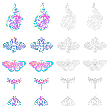 Unicraftale 40Pcs 10 Style Ion Plating(IP) 201 Stainless Steel Filigree Big Pendants, Etched Metal Embellishments, Dragonfly & Moth & Bee, Mixed Color, 21.5~56x27~44x0.2~0.3mm, Hole: 1.2~1.8mm, 4pcs/style