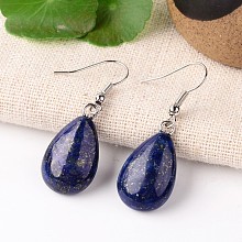 Honeyhandy Natural Lapis Lazuli Drop Dangle Earrings, with Platinum Plated Brass Findings, 41mm, Pin: 0.7mm