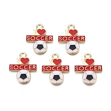 Honeyhandy Alloy Enamel Pendants, Cadmium Free & Nickel Free & Lead Free, Light Gold, Football with Word I Love Soccer, Red, 25x21x2mm, Hole: 2.5mm