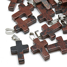 Honeyhandy Natural Mahogany Obsidian Pendants, with Stainless Steel Snap On Bails, Cross, 29~30x18~19x5~6mm, Hole: 6x4mm