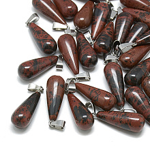 Honeyhandy Natural Mahogany Obsidian Pendants, with Stainless Steel Snap On Bails, teardrop, 28~30x10~12mm, Hole: 6x4mm