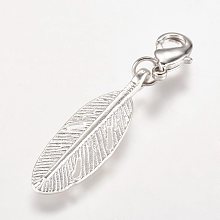 Honeyhandy Alloy Pendant, with Brass Lobster Claw Clasps, Feather, Antique Silver, 43mm