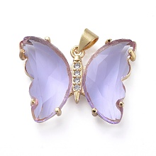 Honeyhandy Brass Micro Pave Clear Cubic Zirconia Pendants, with Glass, Butterfly, Golden, Lavender, 20x26.5x5mm