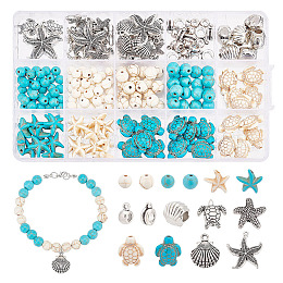 Arricraft DIY Ocean Theme Bracelet Making Finding Kit, Including Starfish & Tortoise Synthetic Magnesite & Turquoise & Alloy Beads, Scallop Shape Alloy Charms & Tube Bail, Mixed Color, 4.5~25.5x4.5~23.5x2~9.5mm, Hole: 1~5.5mm, 191Pcs/box