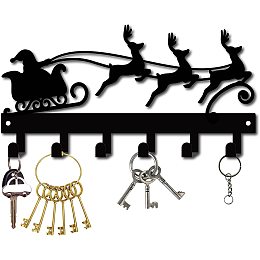 CREATCABIN Christmas Metal Key Holder Santa Claus Elk Sled Black Key Hooks Wall Mount Hanger Iron Hanging Organizer Rock 6 Hooks for Home Housewarming Gift Entryway Cabinet Hat Towel 10.6 x 5.5inch