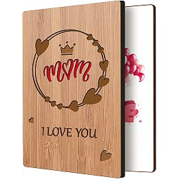 FINGERINSPIRE Mom I Love You Card Real Bamboo Wood Greeting Card with Hollow Heart & Crown and Engraved Words Design, Handmade Handwritten Card with Envelope for Mom Birthday