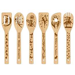 GLOBLELAND 6Pcs Bamboo Spoons & Knifes & Forks, Flatware for Dessert, Fairy Pattern, 60x300mm, 6 style, 1pc/style, 6pcs/set