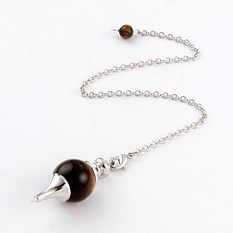 Honeyhandy Natural Tiger Eye Dowsing Pendulum Pendants, with Platinum Tone Brass Cross Chain & Lobster Claw Clasps, 225~240mm