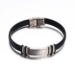 Honeyhandy Rectangle Black Color PU Leather ID Cord Bracelets, with 304 Stainless Steel Findings and Watch Band Clasps, Stainless Steel Color, 220x10mm