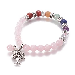 Honeyhandy Chakra Jewelry, Natural Rose Quartz Bracelets, with Metal Tree Pendants, 50mm