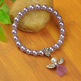 Honeyhandy Lovely Wedding Dress Angel Bracelets for Kids, Carnival Stretch Bracelets, with Glass Pearl Beads and Tibetan Style Beads, Lilac, 45mm