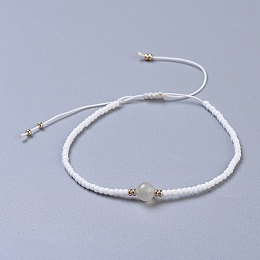 Honeyhandy Nylon Thread Braided Beads Bracelets, with Seed Beads and Natural White Moonstone, 1-3/4 inch~3-1/8 inch(4.5~8cm)