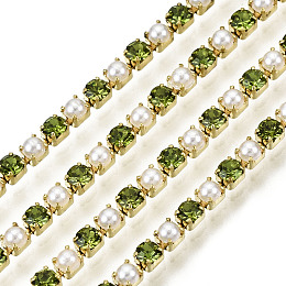 Honeyhandy Brass Rhinestone Strass Chains, with ABS Plastic Imitation Pearl, Rhinestone Cup Chain, Grade A, Raw(Unplated), Olivine, 2x2mm, 4000pcs rhinestone/bundle, about 32.8 Feet(10m)/bundle