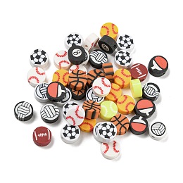 Handmade Polymer Clay Beads, Flat Round with Football/Basketball/Rugby/Volleyball/Baseball, Mixed Color, 9.5x4.5mm, Hole: 1.8mm