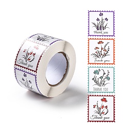 Honeyhandy Thank You Stickers Roll, Self-Adhesive Paper Gift Tag Stickers, for Party, Decorative Presents, Square, Flower Pattern, 38x38x0.1mm, about 500pcs/roll