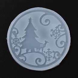 Honeyhandy Christmas Coaster Silicone Molds, Resin Casting Molds, For UV Resin, Epoxy Resin Craft Making, Round with Christmas Tree, White, 95x5mm