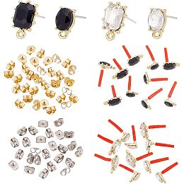 OLYCRAFT 24Pcs 4 Style 925 Sterling Sliver Stud Earrings 925 Sterling Sliver Pin Earrings with Loop Rhinestone Stud Earrings with 50pcs Ear Nuts for DIY Earring Jewelry Making - Oval & Rectanlge