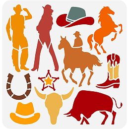 FINGERINSPIRE Western Cowboy Stencil 11.8x11.8 inch Cowboy Theme Drawing Painting Stencils Plastic Star Cactus Horse Hat Boot Cattle Pattern Stencil Template Reusable Stencils for Wood Wall Home Decor