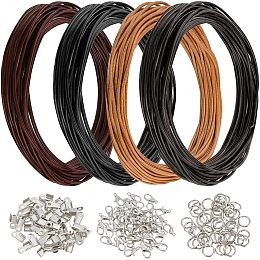 GORGECRAFT 4 Rolls 4 Colors 5m x 2mm Round Leather Cords Cowhide Leather Rope String with 150Pcs Jump Rings Lobster Clasps Clamp Ends for Jewelry Making Necklaces Bracelets DIY Crafts Braiding Threads