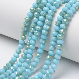 Honeyhandy Electroplate Opaque Glass Beads Strands, Half Rainbow Plated, Faceted, Rondelle, Cyan, 4x3mm, Hole: 0.4mm, about 123~127pcs/strand, 16.5~16.9 inch(42~43cm)