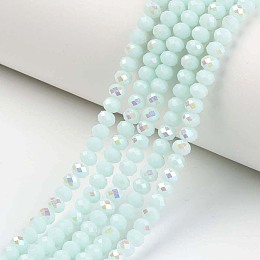 Honeyhandy Electroplate Opaque Solid Color Glass Beads Strands, Half Rainbow Plated, Faceted, Rondelle, Light Cyan, 8x6mm, Hole: 1mm, about 65~68pcs/strand, 15.7~16.1 inch(40~41cm)