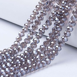 Honeyhandy Electroplate Glass Beads Strands, Pearl Luster Plated, Faceted, Rondelle, Gray, 4x3mm, Hole: 0.4mm, about 123~127pcs/strand, 16.5~16.9 inch(42~43cm)