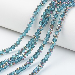 Honeyhandy Electroplate Transparent Glass Beads Strands, Half Rose Gold Plated, Faceted, Rondelle, Dark Turquoise, 4x3mm, Hole: 0.4mm, about 123~127pcs/strand, 16.5~16.9 inch(42~43cm)