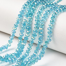 Honeyhandy Electroplate Transparent Glass Beads Strands, Full Rainbow Plated, Faceted, Rondelle, Cyan, 4x3mm, Hole: 0.4mm, about 123~127pcs/strand, 16.5~16.9 inch(42~43cm)