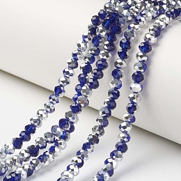 Honeyhandy Electroplate Transparent Glass Beads Strands, Half Silver Plated, Faceted, Rondelle, Dark Blue, 6x5mm, Hole: 1mm, about 92~94pcs/strand, 17~17.5 inch(42.5~43.75cm)