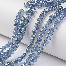 ARRICRAFT Electroplate Transparent Glass Beads Strands, Half Green Plated, Faceted, Rondelle, Light Sky Blue, 6x5mm, Hole: 1mm, about 92~94pcs/strand, 17~17.5 inches(42.5~43.75cm)