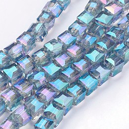 Honeyhandy Electroplate Glass Bead Strands, Faceted, Cube, Medium Aquamarine, 6x6x6mm, Hole: 1mm, about 100pcs/strand, 21.6 inch