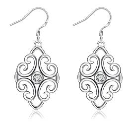 Honeyhandy Awesome Design Filigree Rhombus Brass Cubic Zirconia Dangle Earrings, Clear, Silver, 43x17mm