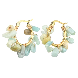 Honeyhandy Natural Flower Amazonite Chips Braided Hoop Earrings, 304 Stainless Steel Wire Wrap Jewelry for Women, 25~27x28~33x7~9mm, Pin: 0.6mm